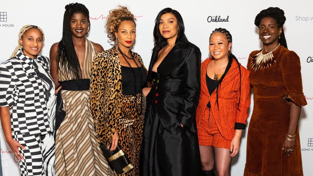 SAN FRANCISCO, CA - November 17 - Akila Cadet, Tyra Fennell, Jeanne Anyanwu McCoy, Sherri McMullen, Dori Caminong and Pandora Thomas attend McMullen 15th Anniversary Party and Fashion Presentation on November 17th 2022 at SHACK15 in San Francisco, CA (Photo - Devlin Shand for Drew Altizer Photography)
