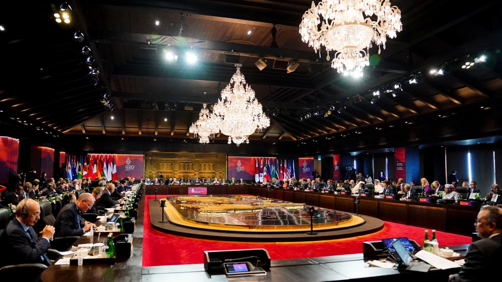 World leaders take part in the first working session at the G20 leaders summit in Nusa Dua, Bali, Indonesia on Tuesday, Nov. 15, 2022. (Sean Kilpatrick/The Canadian Press via AP)