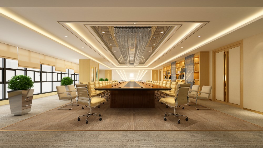 3d render of modern working office and meeting room features beige walls, chandelier in the ceiling, long wooden table and beige chairs around the table. On the left there is a row of windows. View is from the head of the table.