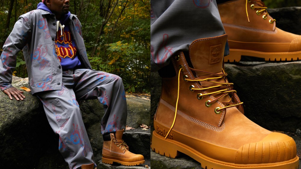 Model wearing the Bee Line x Timberland 6-inch Rubber Toe Boot in wheat