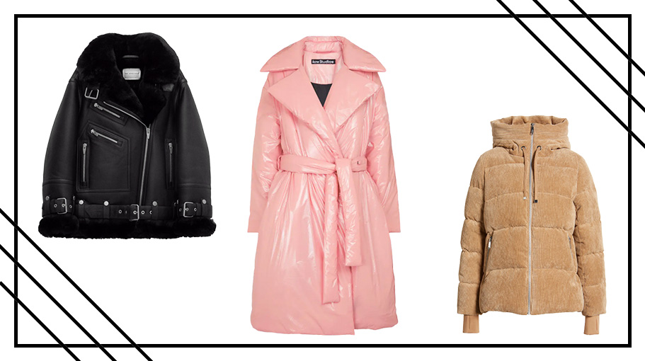 black shearling coat by the arrivals, pink long puffer coat by acne, and puffer tan coat by levis on sale during black friday savings events