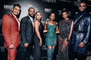 L-R: Tenoch Huerta Mejía, Ryan Coogler, Zinzi Evans, Lupita Nyong'o, Danai Gurira and Winston Duke.