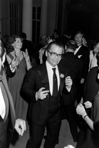 Designer Karl Lagerfeld recipient of the Neiman Marcus Distinguished Service Award on the dance floor during the 34th Neiman Marcus Awards ceremony and benefit on March 3, 1980 at the Biltmore Hotel in Coral Gables, Florida.