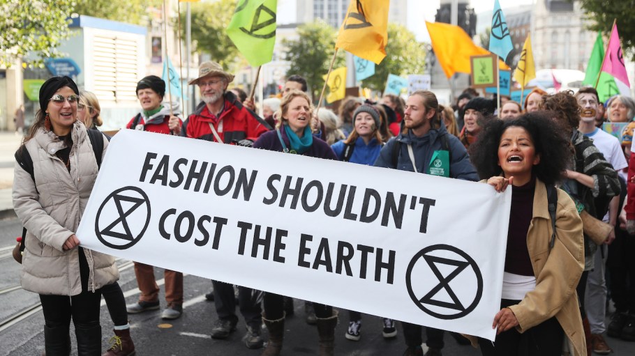 Protesters make their way to Penneys on O'Connell street in Dublin during an Extinction Rebellion (XR) demonstration, as fashion retailers have come under intense scrutiny in the last year from environmental activists.