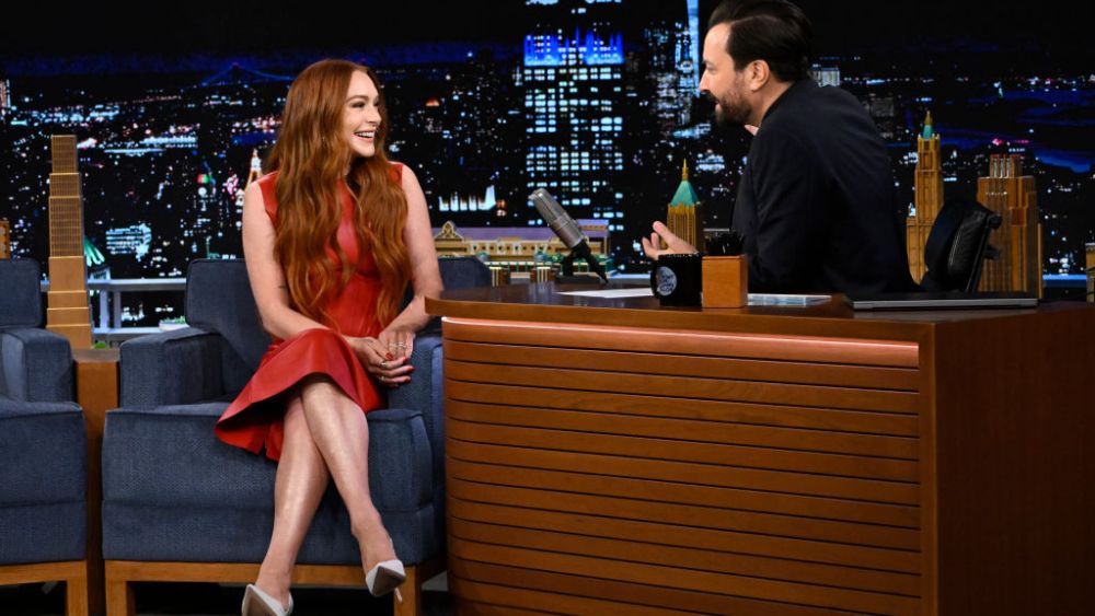 THE TONIGHT SHOW STARRING JIMMY FALLON -- Episode 1743 -- Pictured: (l-r) Actress Lindsay Lohan during an interview with host Jimmy Fallon on Thursday, November 10, 2022 -- (Photo by: Todd Owyoung/NBC via Getty Images)