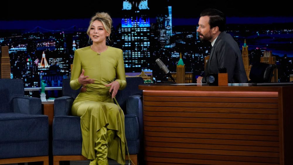 THE TONIGHT SHOW STARRING JIMMY FALLON -- Episode 1752 -- Pictured: (l-r) Actress Madelyn Cline during an interview with host Jimmy Fallon on Wednesday, November 23, 2022 -- (Photo by: Rosalind OConnor/NBC via Getty Images)