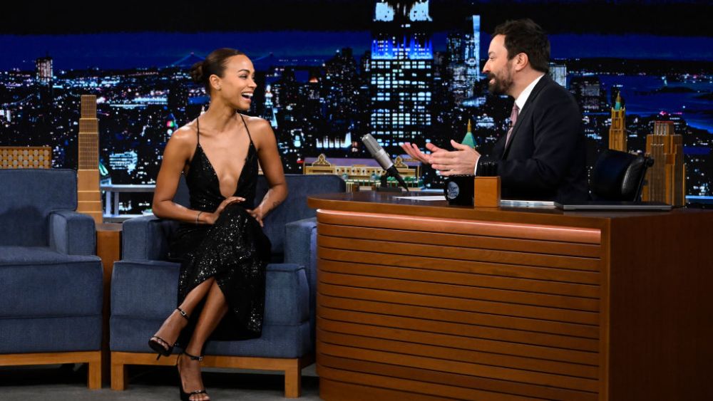THE TONIGHT SHOW STARRING JIMMY FALLON -- Episode 1754 -- Pictured: (l-r) Actress Zoe Saldaña during an interview with host Jimmy Fallon on Monday, November 28, 2022 -- (Photo by: Todd Owyoung/NBC via Getty Images)