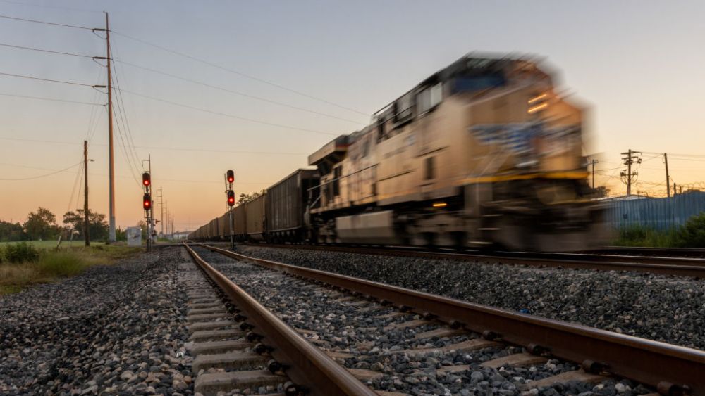 A freight train travels through Houston