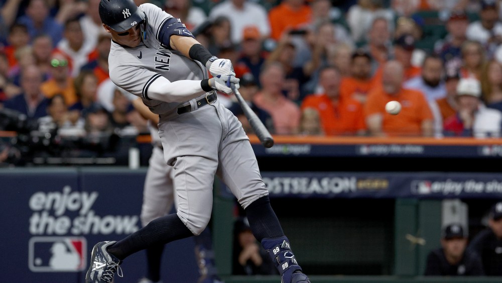 HOUSTON, TEXAS - OCTOBER 20: Aaron Judge #99 of the New York Yankees flies out against the Houston Astros during the first inning in game two of the American League Championship Series at Minute Maid Park on October 20, 2022 in Houston, Texas. (Photo by Tom Pennington/Getty Images)