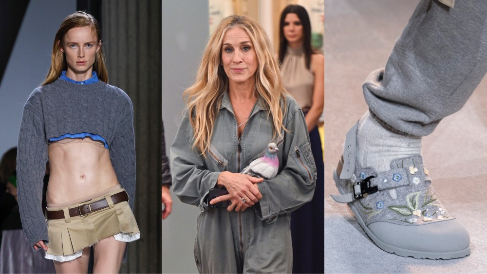 A mini skirt look from Miu Miu's spring 2022 collection, a JW Anderson pigeon clutch held by Sarah Jessica Parker during the filming of the season two of "And Just Like That," a Birkenstock x Dior Men Boston Clog on the runway of the brand's fall 2022 show in Paris.