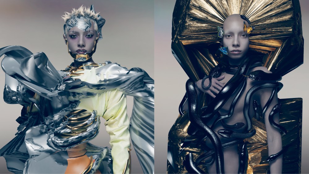 Two looks from Nick Knight's Ikon-1 NFT project. Right: ikon-1 wears Maison Taskin [Perc Top] and [Perc Singlet] styled with [Penny] beat by Jazzelle Zanaughtti. Left: ikon-1 wears [Butterflies]