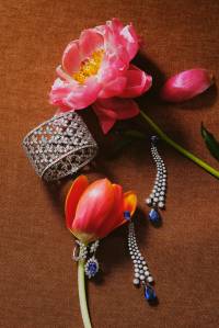 Harry Winston’s marquise and fancy round diamond Cluster Bracelet set in platinum, Cicada’s one-of-a-kind Sapphire drop earrings with diamonds, set in platinum and Yeprem’s 18-karat white gold diamond ring with tanzanite.