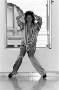 Beverly Johnson in silk satin pajama suit from the Fernando Sanchez Fall 1984 Loungewear collection.