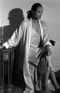 Beverly Johnson in a pink moire night slip and multicolor kimono robe from the Fernando Sanchez Fall 1987 Loungewear collection.