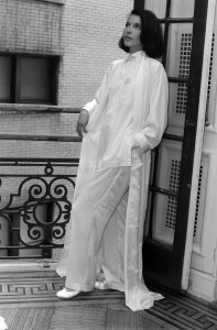 Dalma Callado in washed silk satin pajama's and robe from the Fernando Sanchez Fall 1990 Loungewear collection.