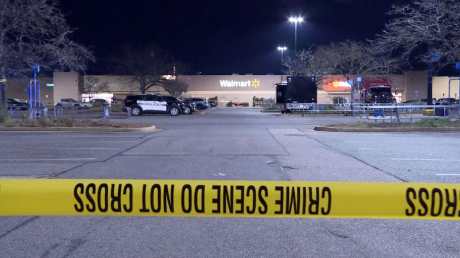 The Walmart parking lot in Chesapeake, Va. after six people plus the gunman were killed in a gun attack at a Walmart Super Center on Tuesday night.