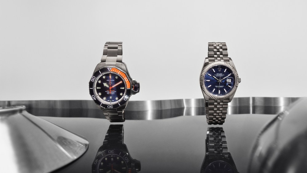 From left: Tag Heuer’s Aquaracer Professional 1000 Superdiver 45mm and Rolex’s Datejust 41mm, Oystersteel and white gold.