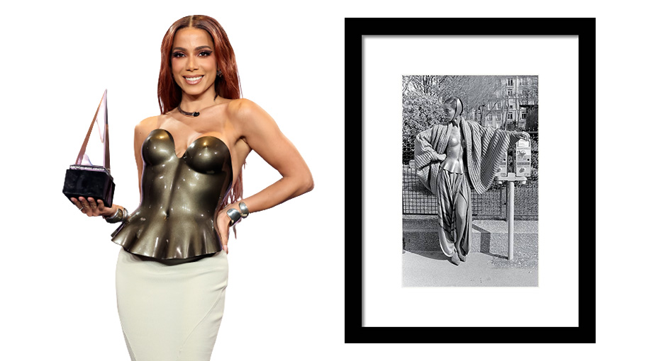 Anitta Issey Miyake Dress at the American Music Awards and a fashion print of the same Issey Miyake dress in the 1980s