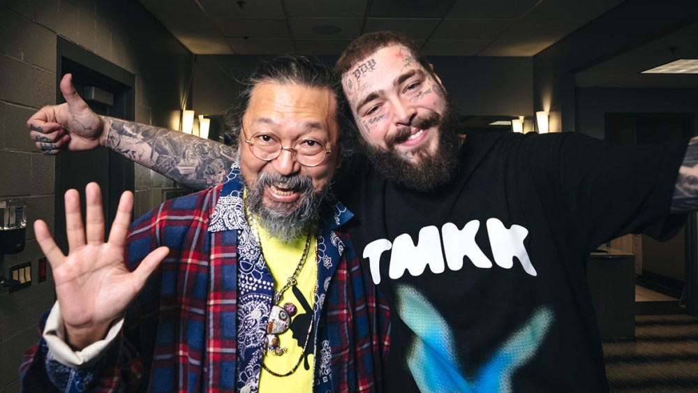 Takashi Murakami, left, and Post Malone, Ntwrk Pop-Up Shop featuring TMKK x Post Malone clothing line collection