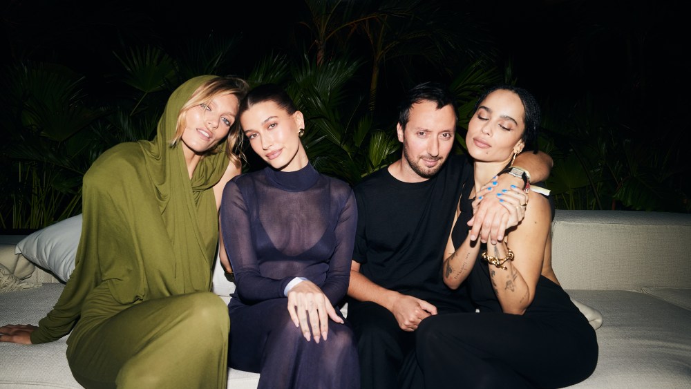 Anja Rubik, Hailey Bieber, Anthony Vacarello and Zoe Kravitz at the 'Sex' Saint Laurent x Madonna party.