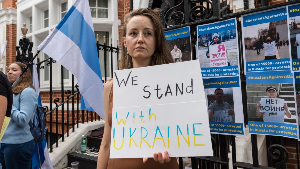 Russian citizens living in the UK gather in front of the Embassy of the Russian Federation on the anniversary of Beslan school siege, to protest against war in Ukraine, in London.
