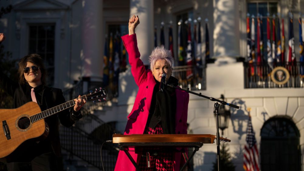 WASHINGTON, DC - DECEMBER 13: Cyndi Lauper performs during a bill signing ceremony for the Respect for Marriage Act on the South Lawn of the White House December 13, 2022 in Washington, DC. The Respect for Marriage Act will codify same-sex and interracial marriages. (Photo by Drew Angerer/Getty Images)