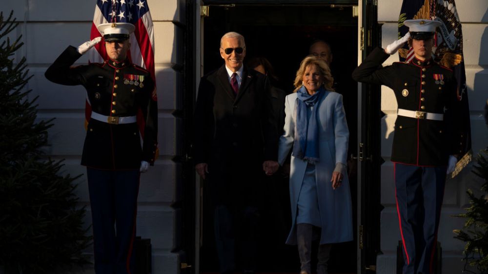 WASHINGTON, DC - DECEMBER 13: U.S. President Joe Biden and First Lady Jill Biden arrive for a signing ceremony for the Respect for Marriage Act on the South Lawn of the White House December 13, 2022 in Washington, DC. The Respect for Marriage Act will codify same-sex and interracial marriages. (Photo by Drew Angerer/Getty Images)