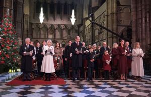 LONDON, ENGLAND - DECEMBER 15: (Front row left to right) King Charles III, Camilla, Queen Consort, Prince William, Prince of Wales, Prince George, Princess Charlotte, Catherine, Princess of Wales and Sophie, Countess of Wessex during the 'Together at Christmas' Carol Service at Westminster Abbey on December 15, 2022 in London, England.  The service will be broadcast on ITV1 on Christmas Eve as part of a Royal Carols: Together At Christmas programme, narrated by Catherine Zeta Jones and featuring an introduction by Kate and tributes to Queen Elizabeth II. (Photo by Yui Mok - Pool/Getty Images)