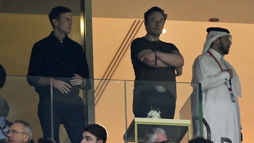 LUSAIL CITY, QATAR - DECEMBER 18: Jared Kushner and Elon Musk look on during the FIFA World Cup Qatar 2022 Final match between Argentina and France at Lusail Stadium on December 18, 2022 in Lusail City, Qatar. (Photo by Dan Mullan/Getty Images)