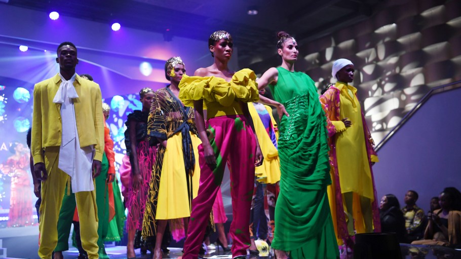 Models at the David Tlale Spring Summer 2022 23 Collection Psychedelicate Festival at The Venue in Melrose Arch on October 22, 2022 in Johannesburg, South Africa.