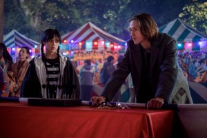 Wednesday. (L to R) Jenna Ortega as Wednesday Addams, Percy Hynes White as Xavier Thorpe in episode 101 of Wednesday. Cr. Vlad Cioplea/Netflix © 2022