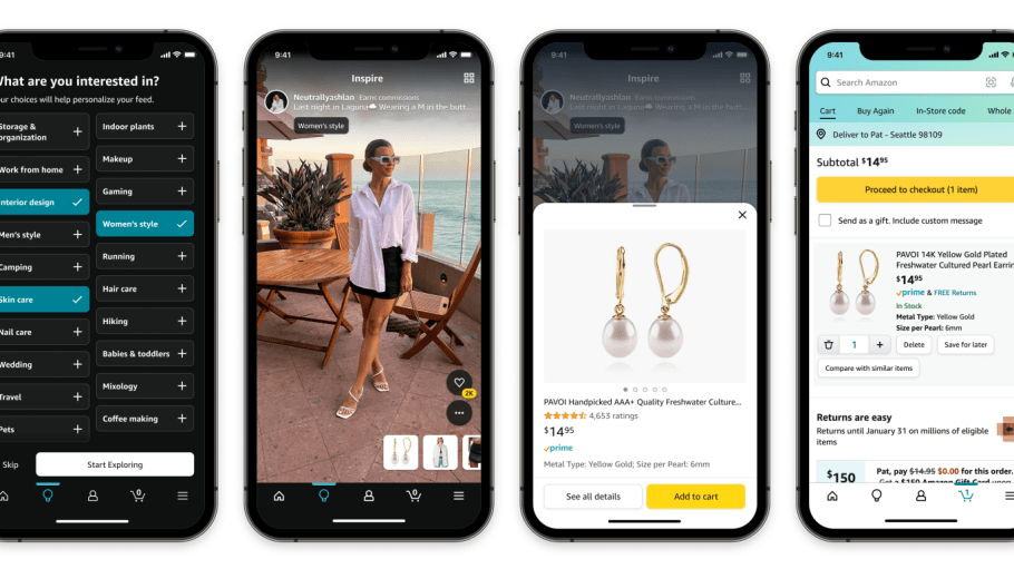 Several screenshots of Amazon's newly debuted Inspire feature.