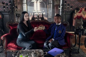 Wednesday. (L to R) Catherine Zeta-Jones as Morticia Addams, Joy Sunday as Bianca Barclay in episode 202 of Wednesday. Cr. Jonathan Hession/Netflix © 2025