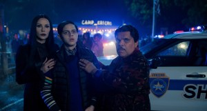 Wednesday. (L to R) Catherine Zeta-Jones as Morticia Addams, Isaac Ordonez as Pugsley Addams, Luis Guzmán as Gomez Addams in episode 203 of Wednesday. Cr. Courtesy of Netflix © 2025