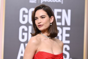 Lily James at the 80th Annual Golden Globe Awards held at The Beverly Hilton on January 10, 2023 in Beverly Hills, California.
