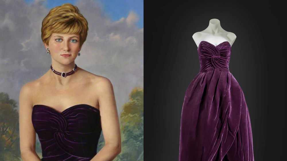 Right, a painting of Diana, Princess of Wale, wearing a tulip shaped aubergine velvet strapless gown by Victor Edelstein, by Douglas Hardinge Anderson; Left, the dress by Victor Edelstein.
