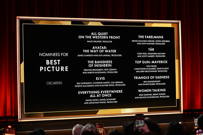 The Nominees for Best Picture at the 95th Oscar Nominations Announcement held at the Samuel Goldwyn Theater on January 24, 2023 in Beverly Hills, California.
