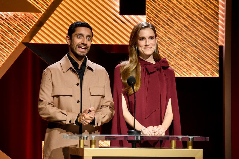 Riz Ahmed and Allison Williams at the 95th Oscar Nominations Announcement held at the Samuel Goldwyn Theater on January 24, 2023 in Beverly Hills, California.