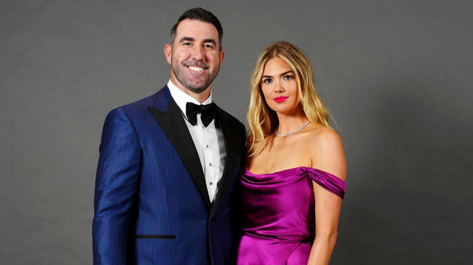 NEW YORK, NY - JANUARY 28: 2022 American League Cy Young Award Winner Justin Verlander poses for a photo with his wife Kate Upton during the 2023 BBWAA Awards Dinner at New York Hilton Midtown on Saturday, January 28, 2023 in New York, New York. (Photo by Mary DeCicco/MLB Photos via Getty Images)