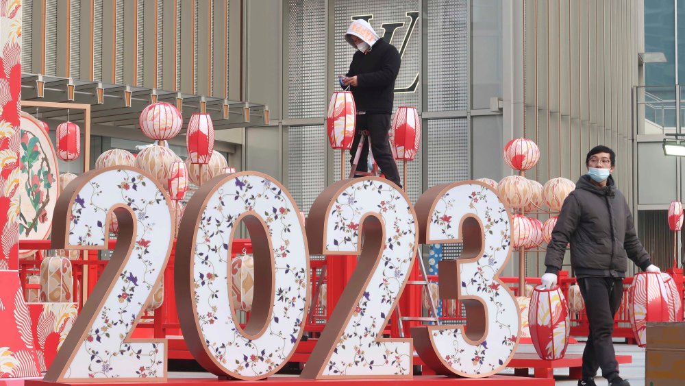 A "2023" decoration is seen at a luxury shopping mall ahead of Chinese New Year, the Year of the Rabbit in Shanghai, China.
