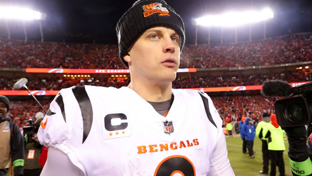 KANSAS CITY, MISSOURI - JANUARY 29: Joe Burrow #9 of the Cincinnati Bengals walks off the field after losing to the Kansas City Chiefs 23-20 in the AFC Championship Game at GEHA Field at Arrowhead Stadium on January 29, 2023 in Kansas City, Missouri. (Photo by Kevin C. Cox/Getty Images)