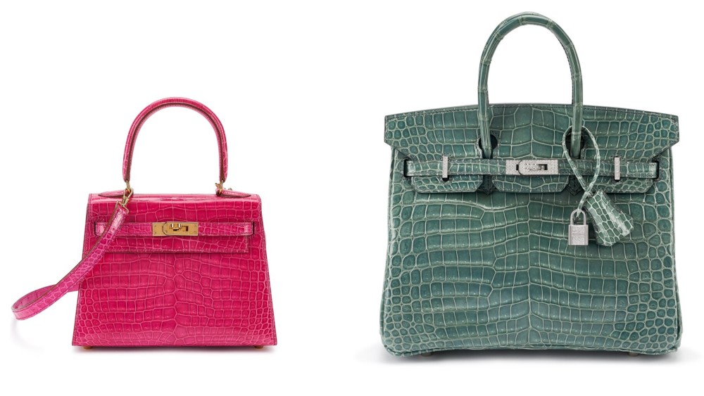 Hermès Rose Bonbon Shiny Porosus Crocodile Mini Kelly 20 I Gold Hardware, 1997; and Hermès
Bleu Jean Shiny Porosus Crocodile Birkin 25 18K White Gold and Diamond Hardware, 2006