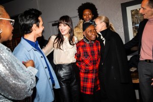 Lisa Cortes, Frédéric Tcheng, Dakota Johnson, Bethann Hardison, Jeremy O. Harris, Susan Chokachi and Robert Triefus attend as Gucci Celebrates the Premiere of Bethann Hardison & Frédéric Tcheng's Invisible Beauty at the Sundance Film Festival at Nickel Bar at Firewood on January 21, 2023 in Park City, Utah.
