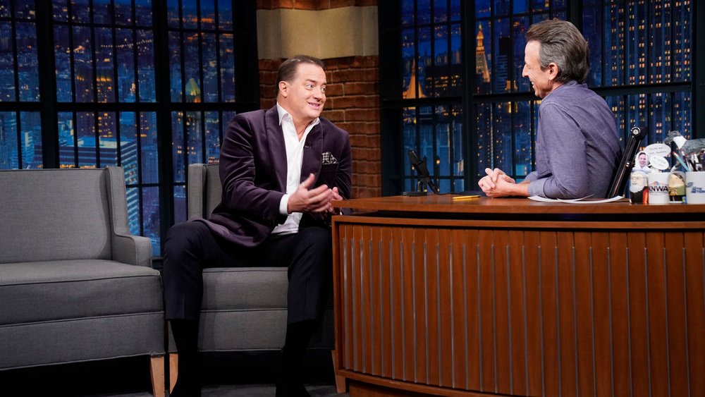 LATE NIGHT WITH SETH MEYERS --  Episode 1371 -- Pictured: Actor Brendan Fraser  during an interview with host Seth Meyers on January 4, 2023 -- (Photo by: Lloyd Bishop/NBC)