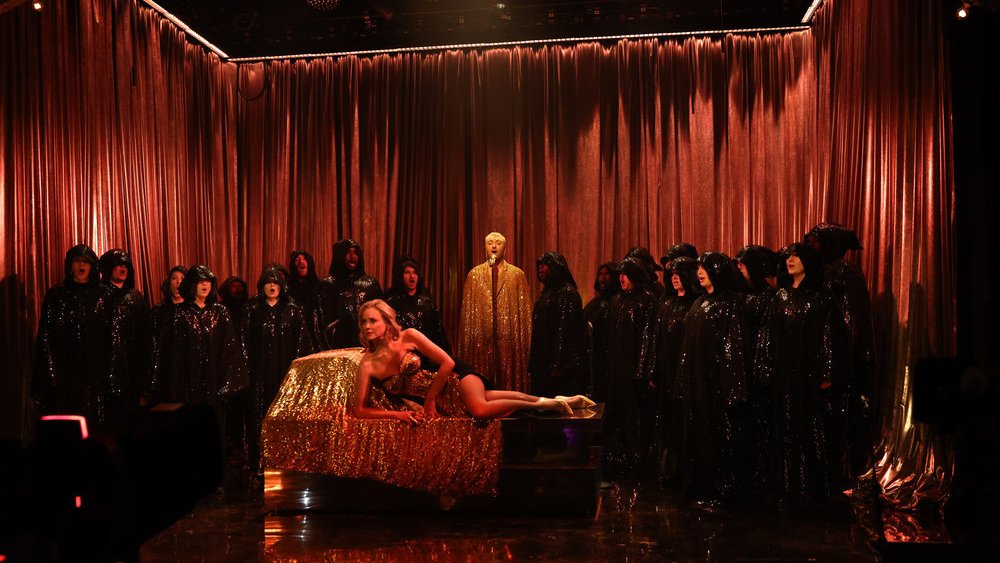 SATURDAY NIGHT LIVE -- “Aubrey Plaza, Sam Smith” Episode 1836 -- Pictured: (l-r) Sharon Stone and Musical guest Sam Smith perform “Gloria” on Saturday, January 21, 2023 -- (Photo by: Will Heath/NBC)