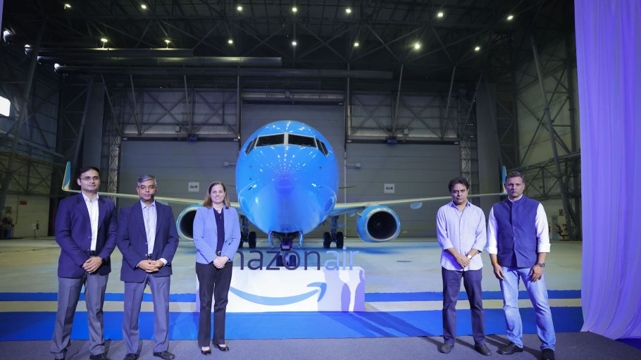 Pictured from left to right at the unveiling of Amazon Air in Hyderabad, India: Abhinav Singh, Director, Customer Fulfillment, Supply Chain and Amazon Transportation Services, Amazon India; Akhil Saxena, Vice President, APAC, MENA and LATAM Customer Fulfillment Operations and Worldwide Customer Service, Amazon; Sarah Rhoads, Vice President, Global Air, Amazon; Sri Kalvakuntla Taraka Rama Rao, the Cabinet Minister for IT E&C, MA&UD and Industries & Commerce Departments; and Chetan Krishnaswamy, Vice President Public Policy, Amazon India.