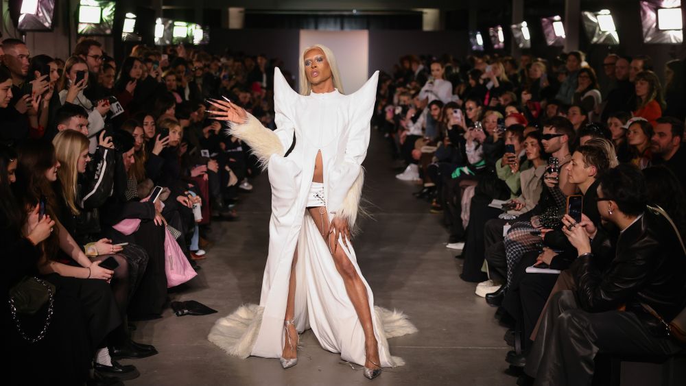 BERLIN, GERMANY - JANUARY 18: A model walks the runway at the Namilia x NEWEST runway show during the Berlin Fashion Week AW23 at Kant-Garagen on January 18, 2023 in Berlin, Germany.