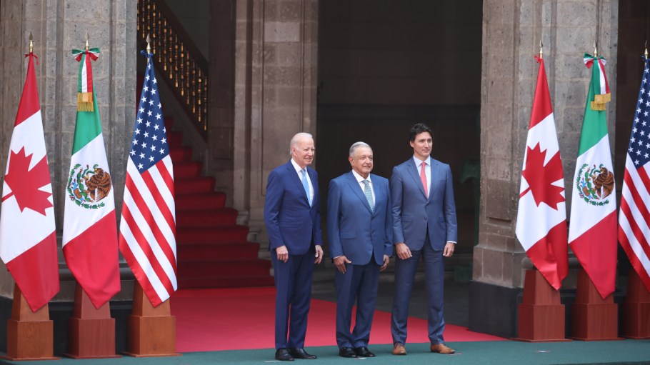 U.S. President Joe Biden, President of Mexico Andres Manuel Lopez Obrador and Prime Minister of Canada Justin Trudeau pose during a welcome ceremony as part of the '2023 North American Leaders' Summit at Palacio Nacional on January 09, 2023 in Mexico City, Mexico. President Lopez Obrador, USA President Joe Biden and Canadian Prime Minister Justin Trudeau gather in Mexico from January 9 to 11 as part of the 10th North American Leaders' Summit. The agenda includes topics on the climate change, immigration, trade and economic integration, security among others.