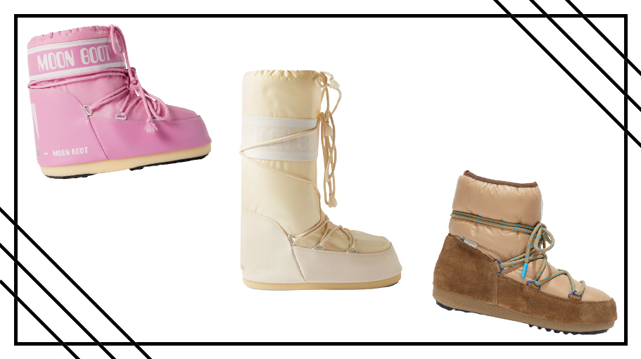 A variety of Moon Boots in pink, white and light brown from Net-A-Porter, Matchesfashion, and Neiman Marcus