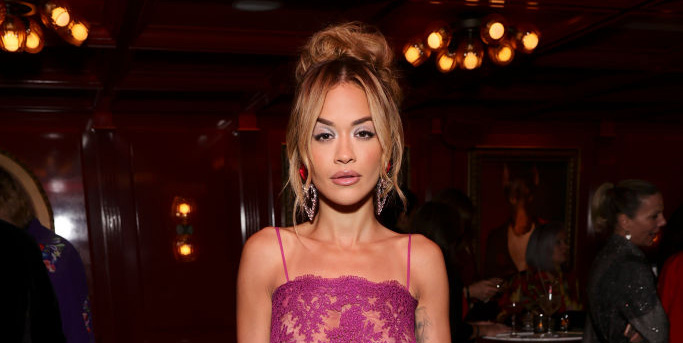 Rita Ora in sheer purple rodarte dress at the Netflix Golden Globe and Critics Choice Nominee Toast on Jan. 8 in Los Angeles.